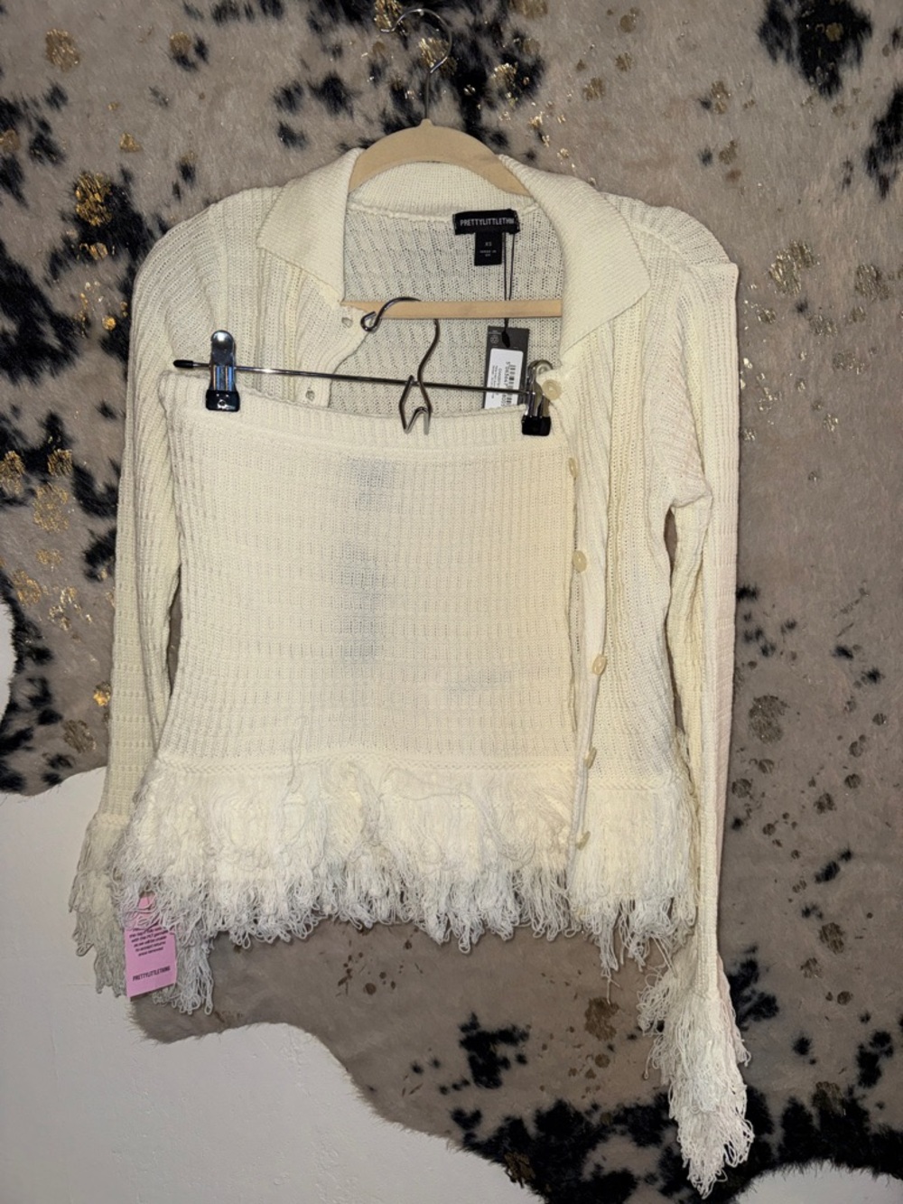 PrettyLittleThing Cream Fringe-Hem Button Cardigan and skirt set